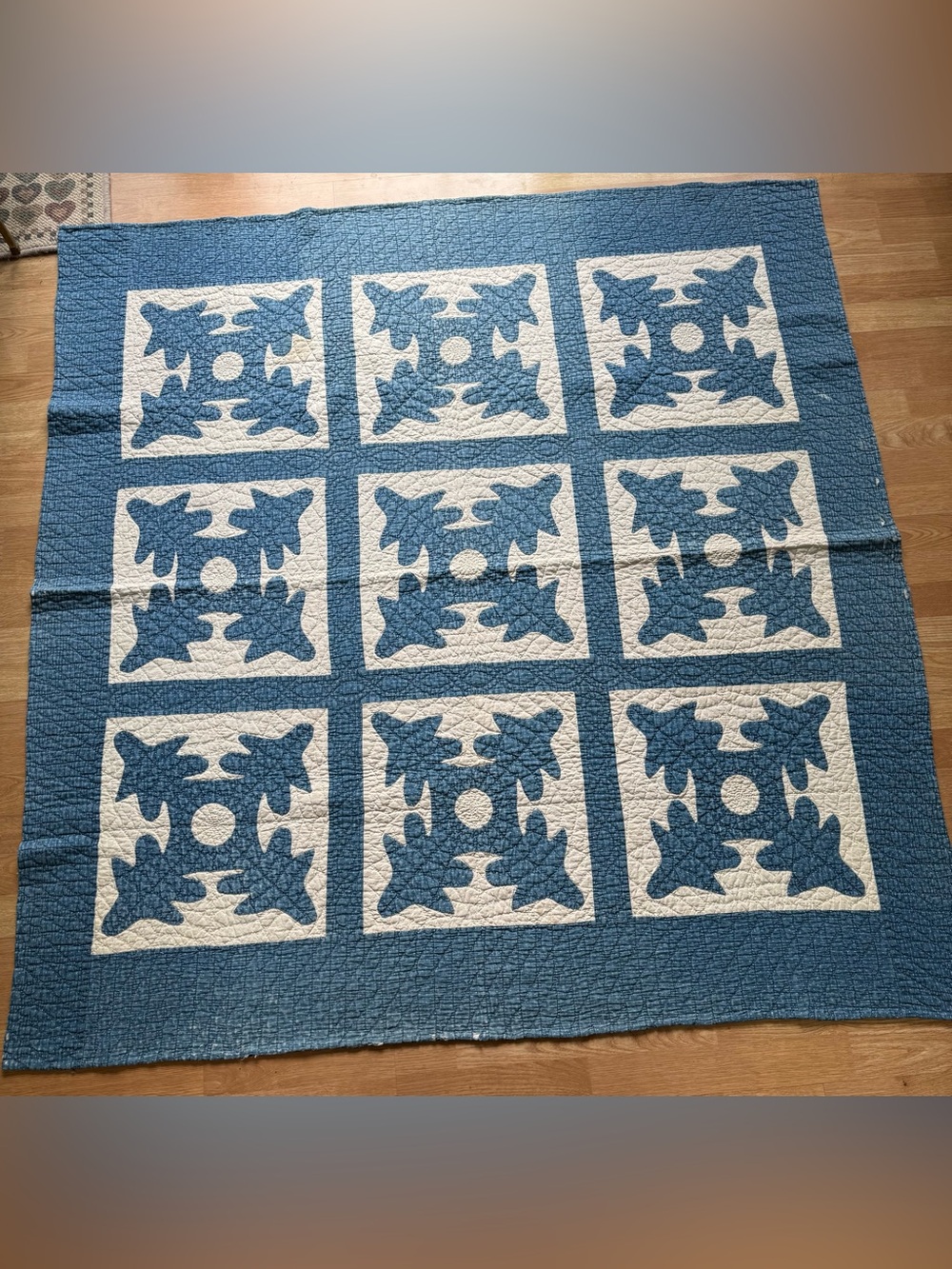 Antique Oak and Reel Blue and Cream Quilt - Hand Stitched 64x60